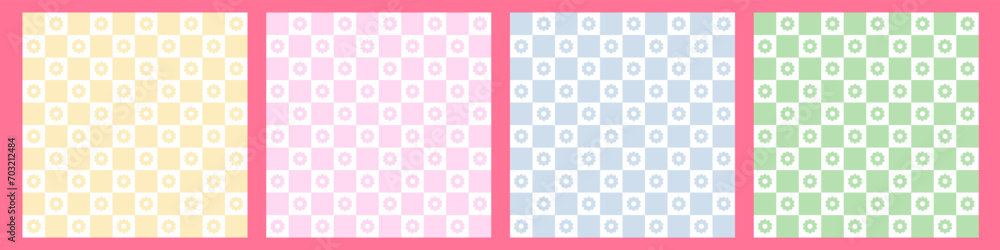 Abstract seamless pattern set. Checkered background retro style with cute daisy or chamomile flowers Abstract seamless pattern set. Checkered background retro style with cute daisy or chamomile flowers