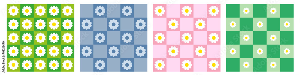 Trendy checkerboard seamless pattern set with daisy flowers. Collection of retro background in style 70s, 80s Trendy checkerboard seamless pattern set with daisy flowers. Collection of retro background in style 70s, 80s