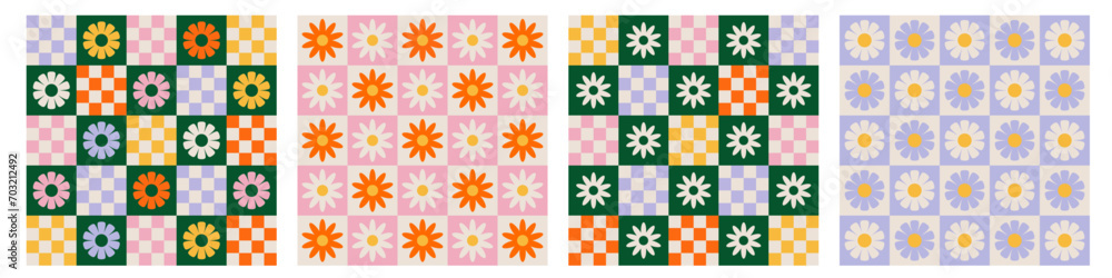 © Marina - Trendy checkerboard seamless pattern set with daisy flowers. Collection of retro background in style 70s, 80s © Marina - Trendy checkerboard seamless pattern set with daisy flowers. Collection of retro background in style 70s, 80s