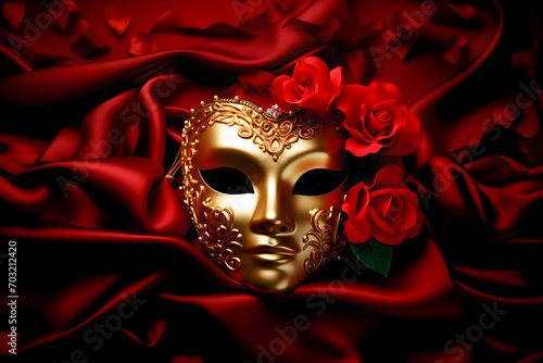 Mysterious golden Venetian mask and red roses flowers on red silk background