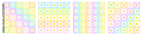 Fototapeta Naklejka Na Ścianę i Meble -  Beautiful rainbow color checkerboard seamless pattern collection with cute daisy flowers