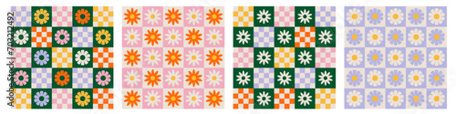 Trendy checkerboard seamless pattern set with daisy flowers. Collection of retro background in style 70s, 80s