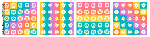Beautiful rainbow color checkerboard seamless pattern collection with cute daisy flowers