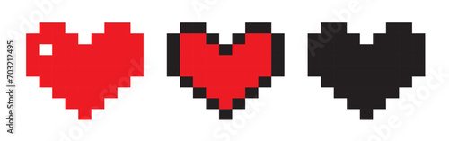 Retro style pixel heart icon collection. Red and black vintage 8 bit love symbol set