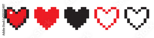 Retro style pixel heart icon collection. Red and black vintage 8 bit love symbol set