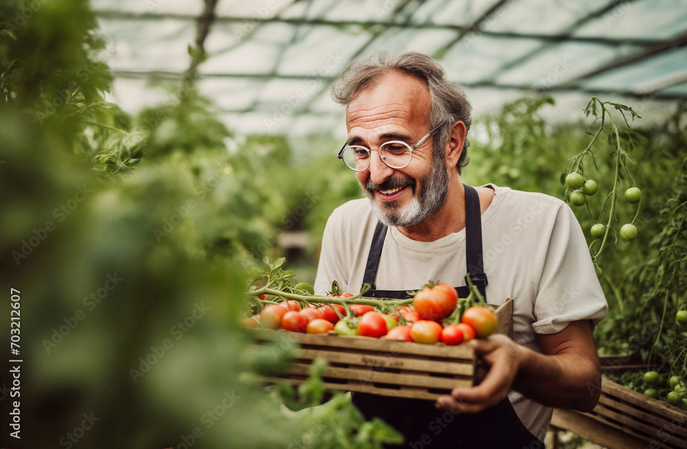 A gardener in his fifties, in his greenhouse producing tomatoes above ground, holding a crate of tomatoes in his hands. Generative ai A gardener in his fifties, in his greenhouse producing tomatoes above ground, holding a crate of tomatoes in his hands. Generative ai