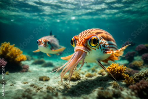 A predator fish swallowed a squid in the underwater kingdom © Stanislau Vyrvich