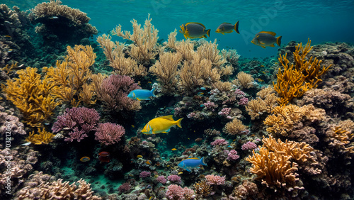 Beautiful underwater landscape, corals, beautiful colorful fish, predator fish