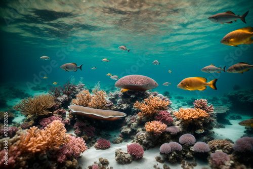 beauty of the ocean, underwater landscape, beautiful corals with yellow fish © Stanislau Vyrvich