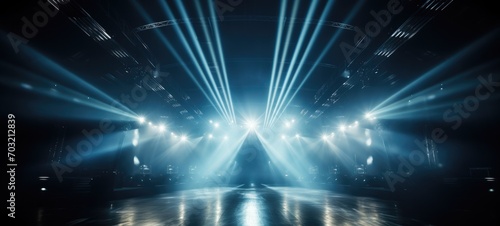 stage lighting effect,blue rays of light and smoke on the stage Empty 3d room background with fog - Dark blue colored stage lights