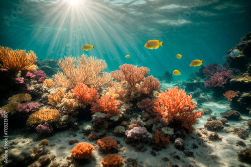 Corals and beautiful yellow fish bask in the rays of the underwater landscape