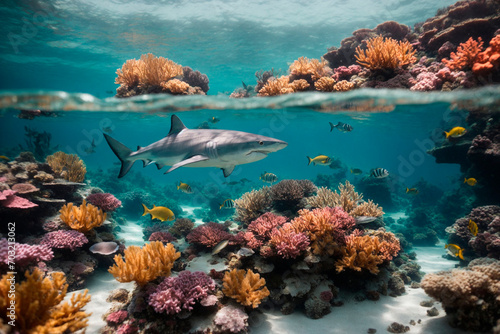 Corals and sharks bask in the rays of the underwater landscape, ocean idyll photo