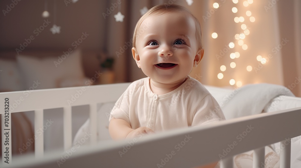 A cute little 1-2 year old baby with blonde hair is standing in a crib and laughing. Happy childhood. Kids's emotions