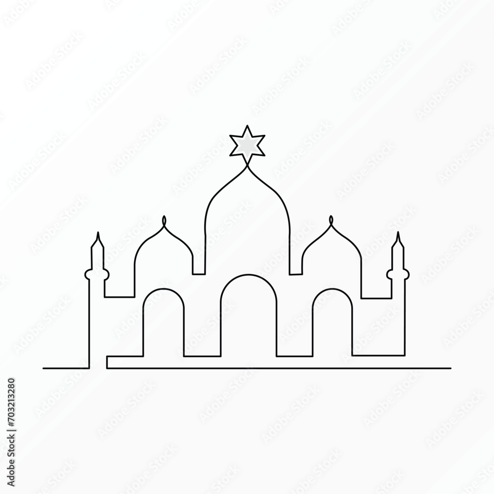 Ramadan Karim continuous single line art drawing and mosque one line vector art illustration