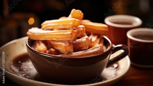 Churros coated in sugar beside a cup of hot chocolate