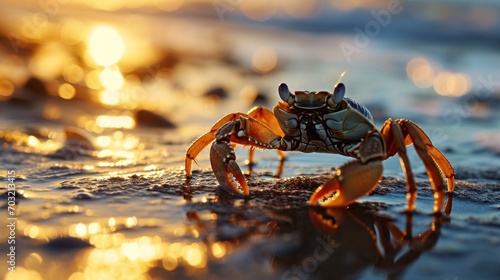 Crab stands alert on a sandy beach at sunset. © maniacvector