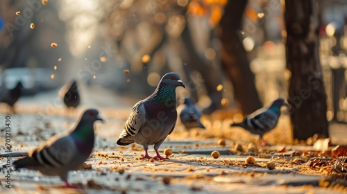 Pigeons gather around crumbs on a sunny city sidewalk. photo