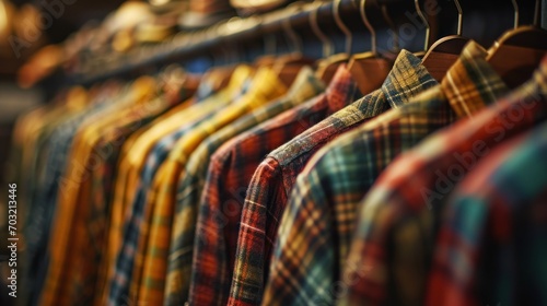 Colorful checkered shirts hanging on a rack in a clothing store photo
