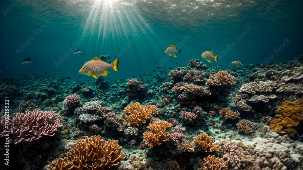 Fototapeta premium Sun rays, underwater landscape, beautiful corals with yellow fish