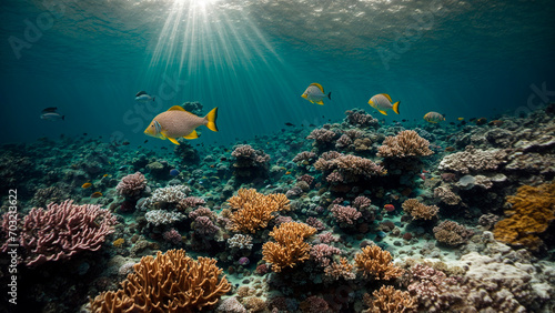 Sun rays, underwater landscape, beautiful corals with yellow fish
