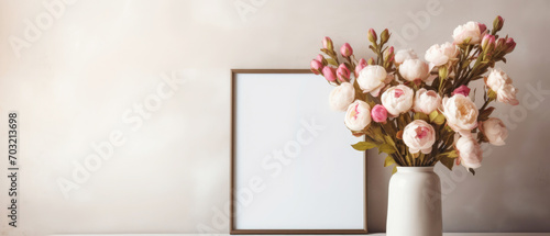 Fototapeta Naklejka Na Ścianę i Meble -  Still life with peonies composition. Mockup with empty frame and vase with flowers. Copy space. Generative AI		