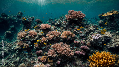 underwater landscape, beautiful corals with yellow fish illuminated by the rays of the sun