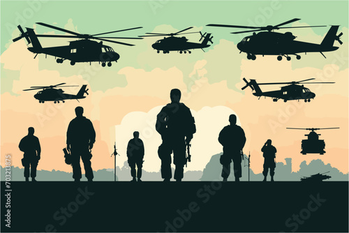 Silhouettes of helicopter and soldier  Military Mission at sunrise  Helicopter silhouettes