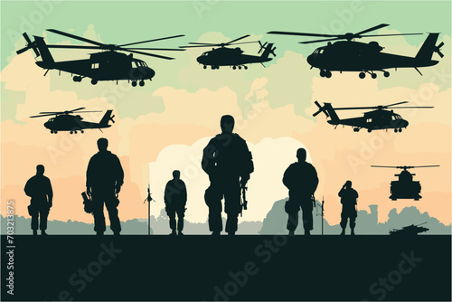 Silhouettes of helicopter and soldier, Military Mission at sunrise, Helicopter silhouettes