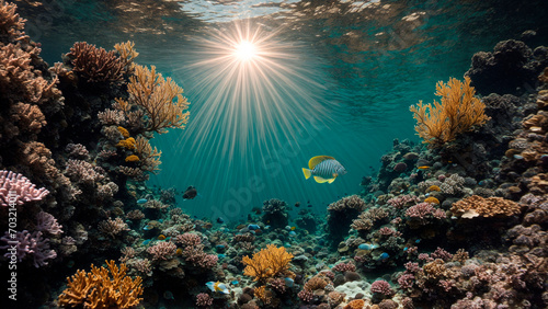 Underwater view of the coral reef, tropical waters, marine life. sun rays