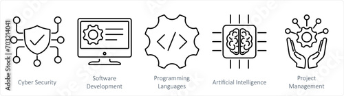 A set of 5 Hard Skills icons as cyber security, software development, programming languages
