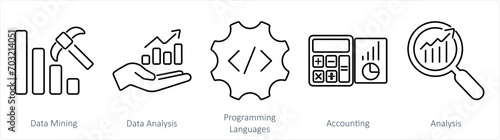 A set of 5 Hard Skills icons as data mining, data analysis, programming languages