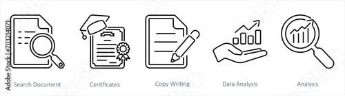 A set of 5 Hard Skills icons as search document, certificates, copy writing