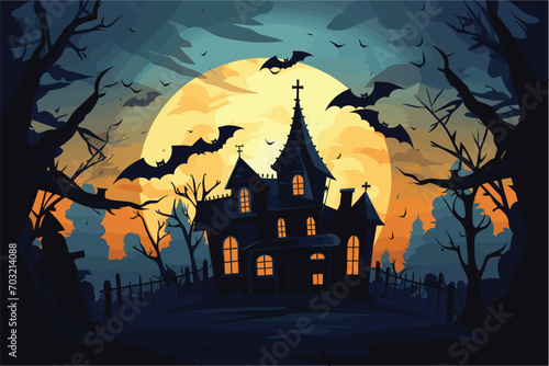 Halloween castle at sunset with bats flying, Haunted house in the woods