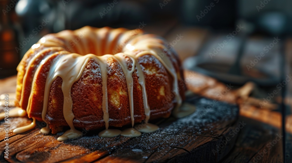 Glistening vanilla icing cascades over a golden bundt cake on a rustic setting