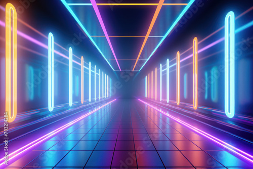 cyberpunk tunnel with glowing neon lights. Metaverse and gaming background