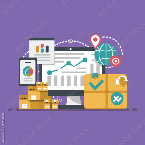 2d vector illustration colorful Land and sea transport techniques, methods and technological tools for transporting and shipping goods and products and logistic 