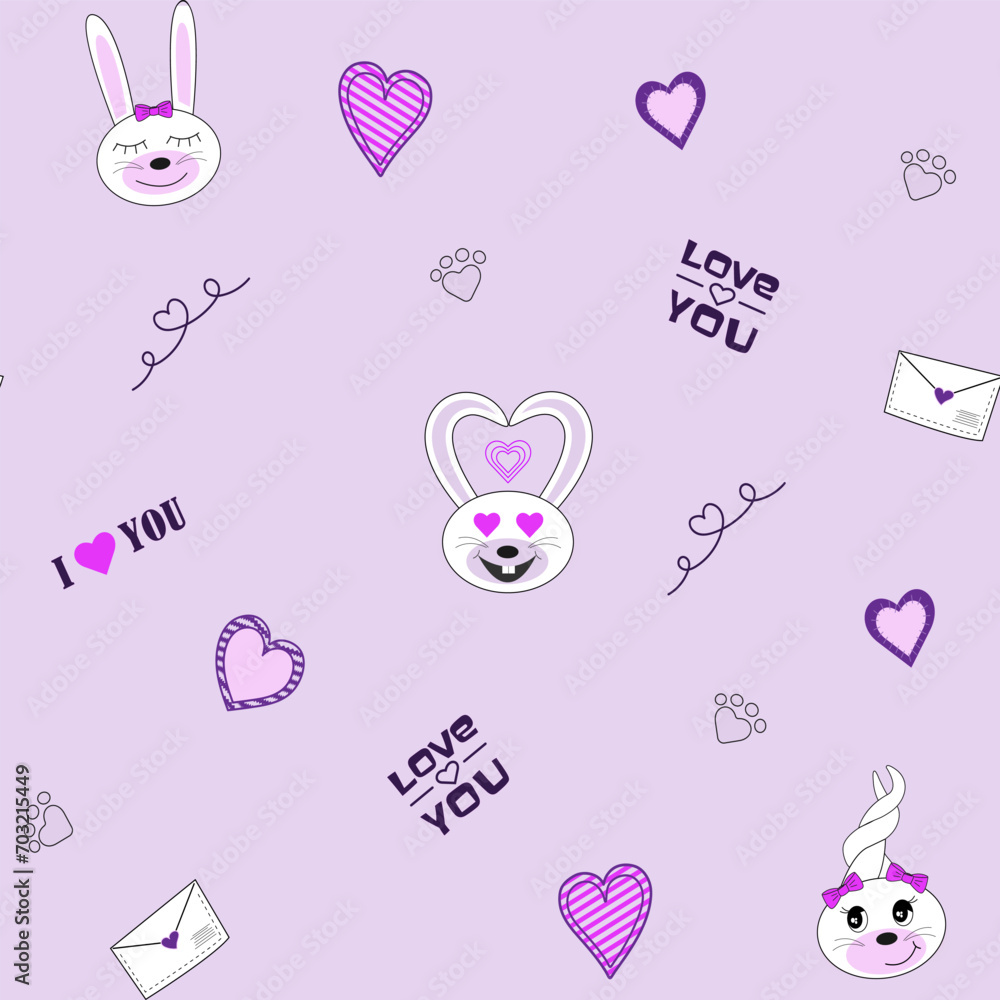Seamless pattern with bunnies, heart shapes, letters for Valentine's day. Seamless pattern with bunnies, heart shapes, letters for Valentine's day.