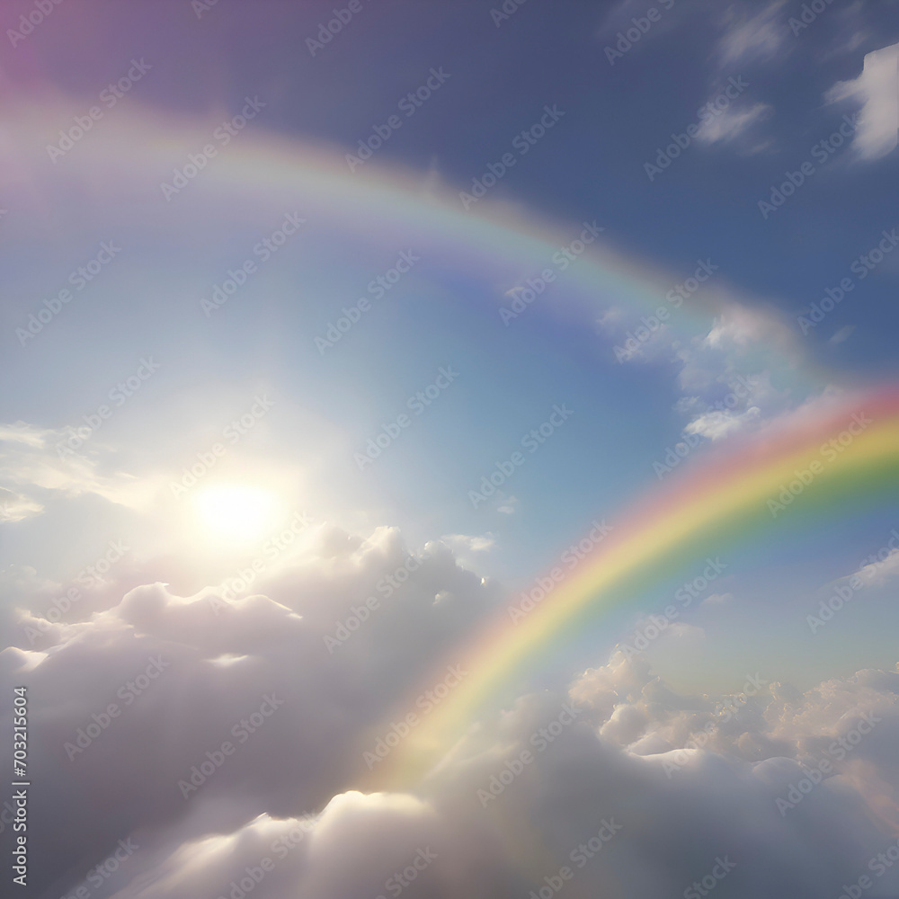 Rainbow in the sky with clouds, and sunlight. Colorful background. Rainbow in the sky with clouds, and sunlight. Colorful background.
