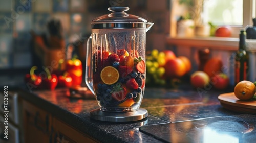 Modern blender filled with colorful fruits on a kitchen counter at sunrise