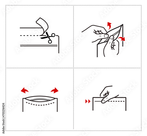 A set of icons for opening zip locks, tear notch on packaging. Set for package, shows the place of opening. Vector elements. Ready and simple to use for your design. EPS10.