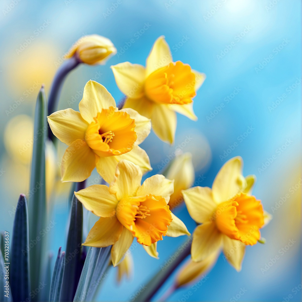 Beautiful floral spring abstract background of nature. Branches of blossoming yellow daffodils macro with soft focus on gentle light blue sky background. Beautiful floral spring abstract background of nature. Branches of blossoming yellow daffodils macro with soft focus on gentle light blue sky background.