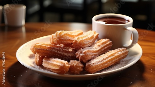 Churros coated in sugar beside a cup of hot chocolate