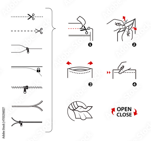 A set of icons for opening zip locks, tear notch on packaging. Set for package, shows the place of opening. Vector elements. Ready and simple to use for your design. EPS10.