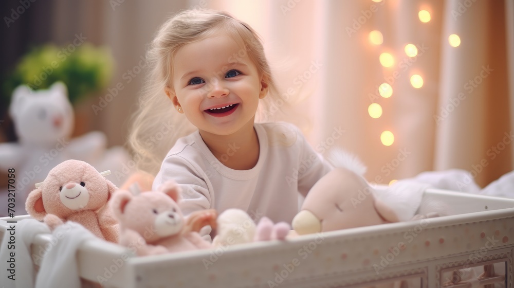 A cute little 1-2 year old baby with blonde hair is standing in a crib and laughing. Happy childhood. Kids's emotions A cute little 1-2 year old baby with blonde hair is standing in a crib and laughing. Happy childhood. Kids's emotions