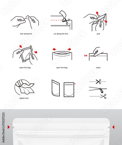 A set of icons for opening zip locks, tear notch on packaging. Set for package, shows the place of opening. Vector elements. Ready and simple to use for your design. EPS10. photo