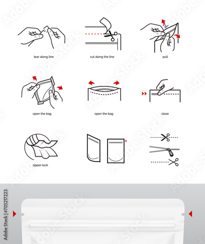 A set of icons for opening zip locks, tear notch on packaging. Set for package, shows the place of opening. Vector elements. Ready and simple to use for your design. EPS10.
