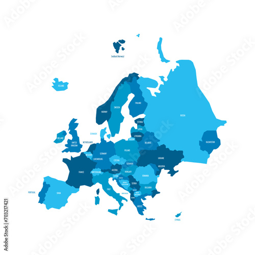 Political map of Europe. Blue colored land with country name labels on white background. Ortographic projection. Vector illustration