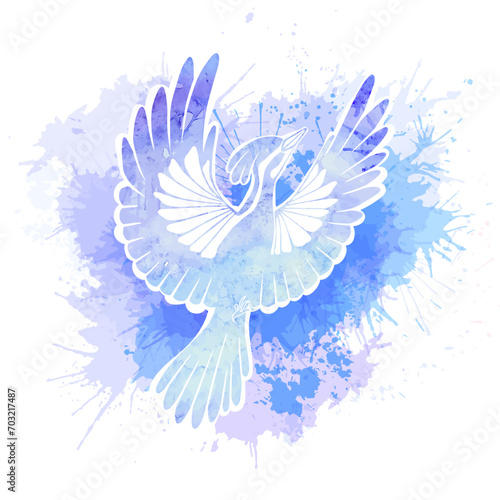 Vector illustration of a stylized bird with watercolor splashes on a white background. Painting of the silhouette of a flying bird. Clipart