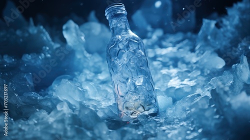 Clear glass bottle in a bed of crushed ice with cool blue tones