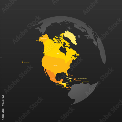 Political map of North America. Yellow colored land with country name labels on dark gray background. Ortographic projection. Vector illustration